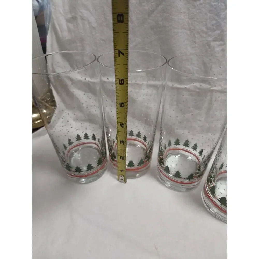 4 Vintage Christmas Tree RED BAND Snowflake Glasses Tumbler Libbey